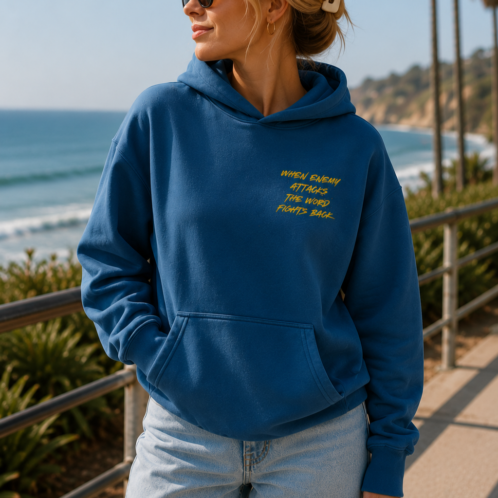 WHEN ENEMY ATTACKS THE WORD FIGHTS BACK Heavy Weight Hoodie